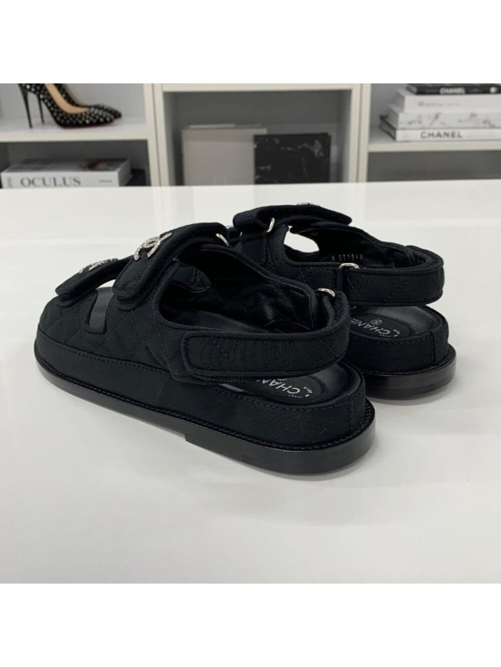 Chanel Fabric CC Logo Rhinestone Velcro Sandals - Picture 4 of 10